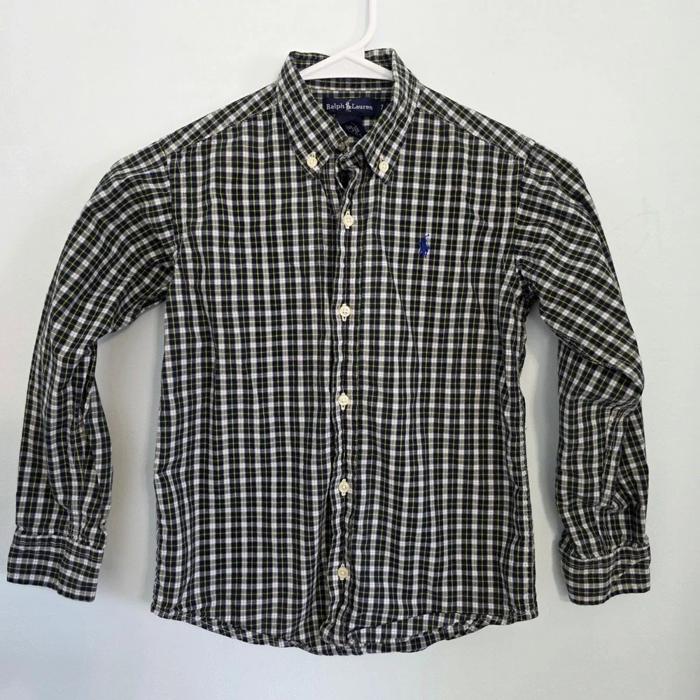 Ralph Lauren Boys Plaid Button Down Shirt Navy Green Yellow Cotton Size  7